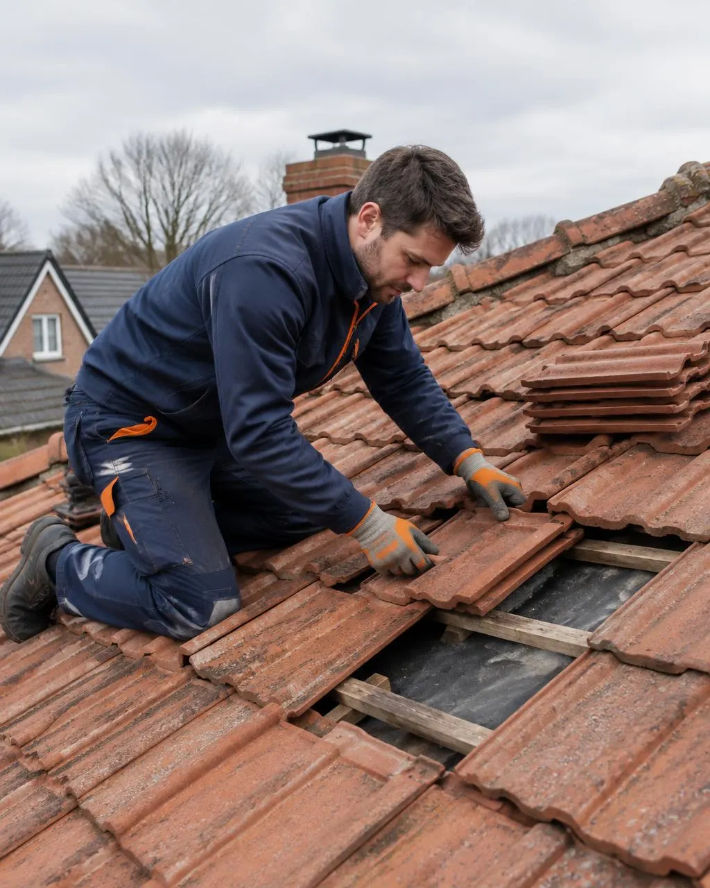 Monteur vervangt kapotte dakpannen, met nieuwe pannen naast hem op het dak