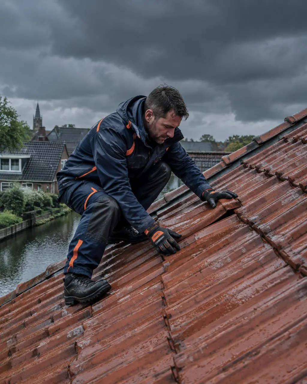 Monteur inspecteert verschoven dakpannen onder een donkere regenlucht