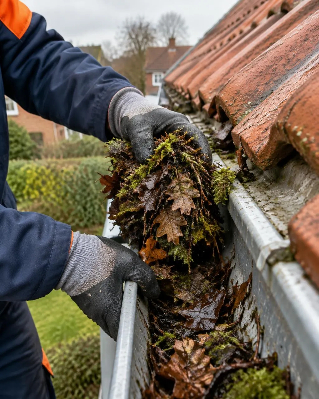 Handen met handschoenen scheppen blad en mos uit een volle zinken dakgoot