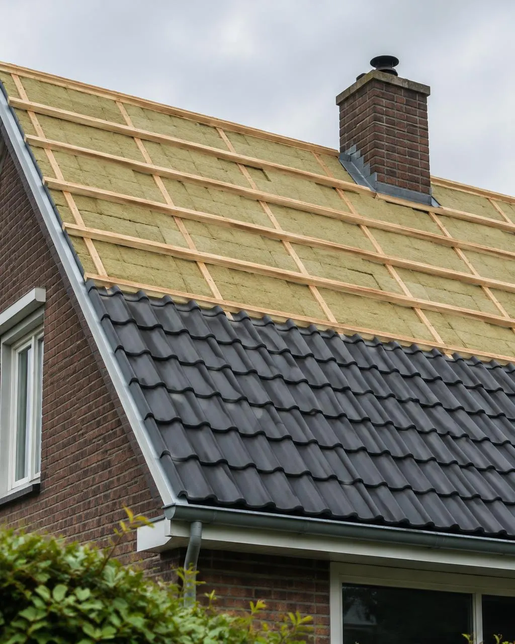 Dak in renovatie met nieuwe panlatten, isolatie en deels nieuwe pannen