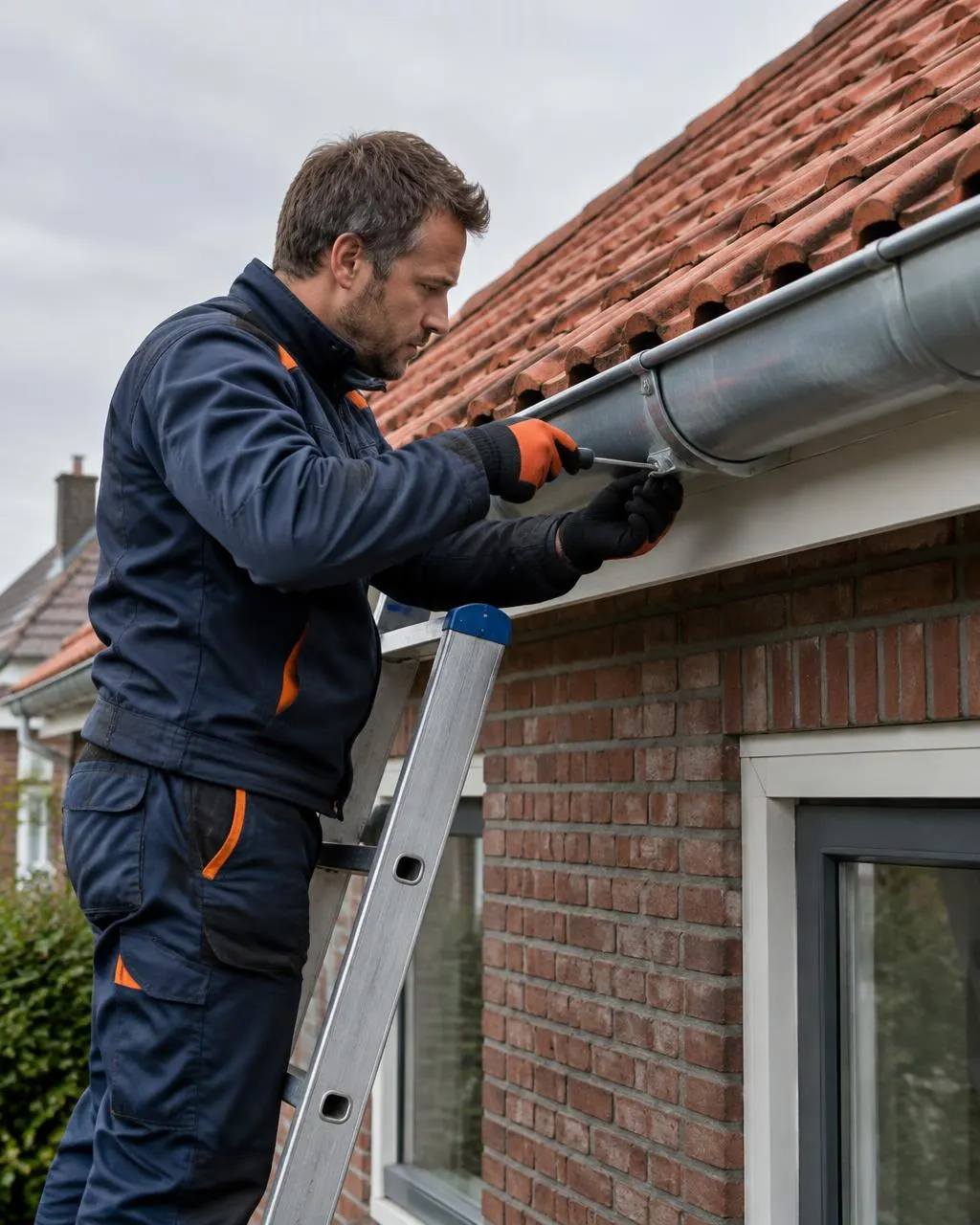 Monteur zet een gootbeugel vast aan de dakrand van een bakstenen woning