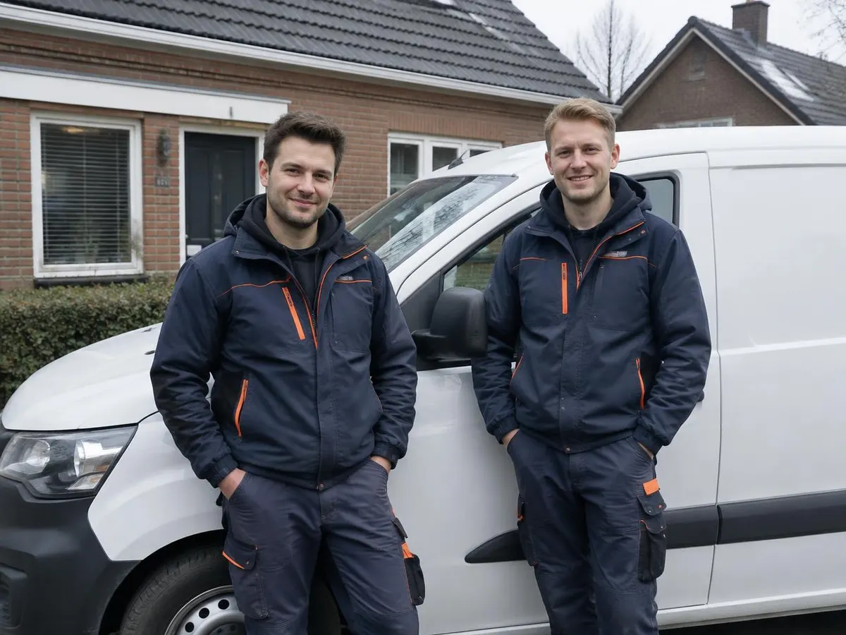 Twee vakmensen in werkkleding staan bij de bedrijfsbus voor een woning