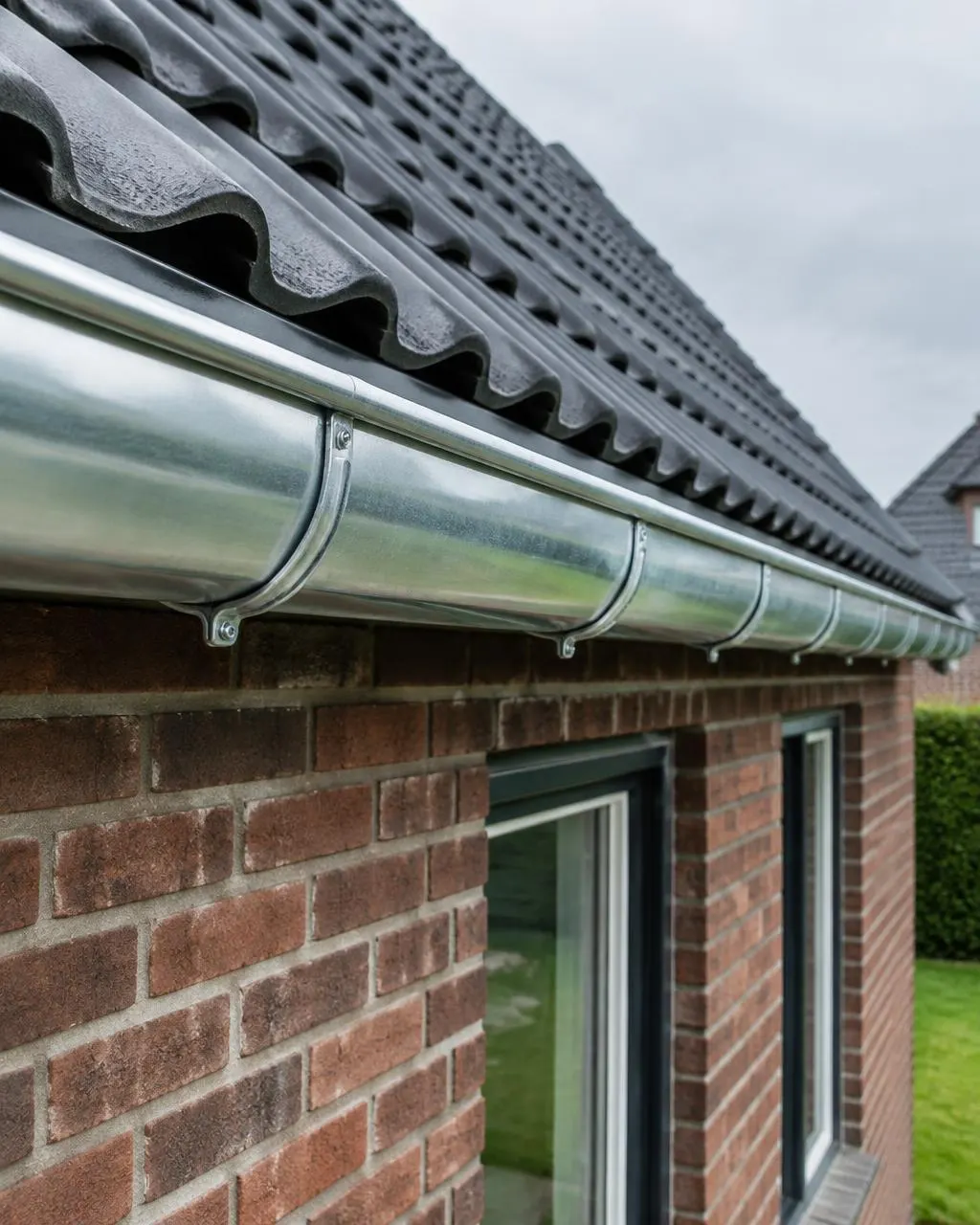 Nieuwe zinken dakgoot met nieuwe beugels langs een dakrand
