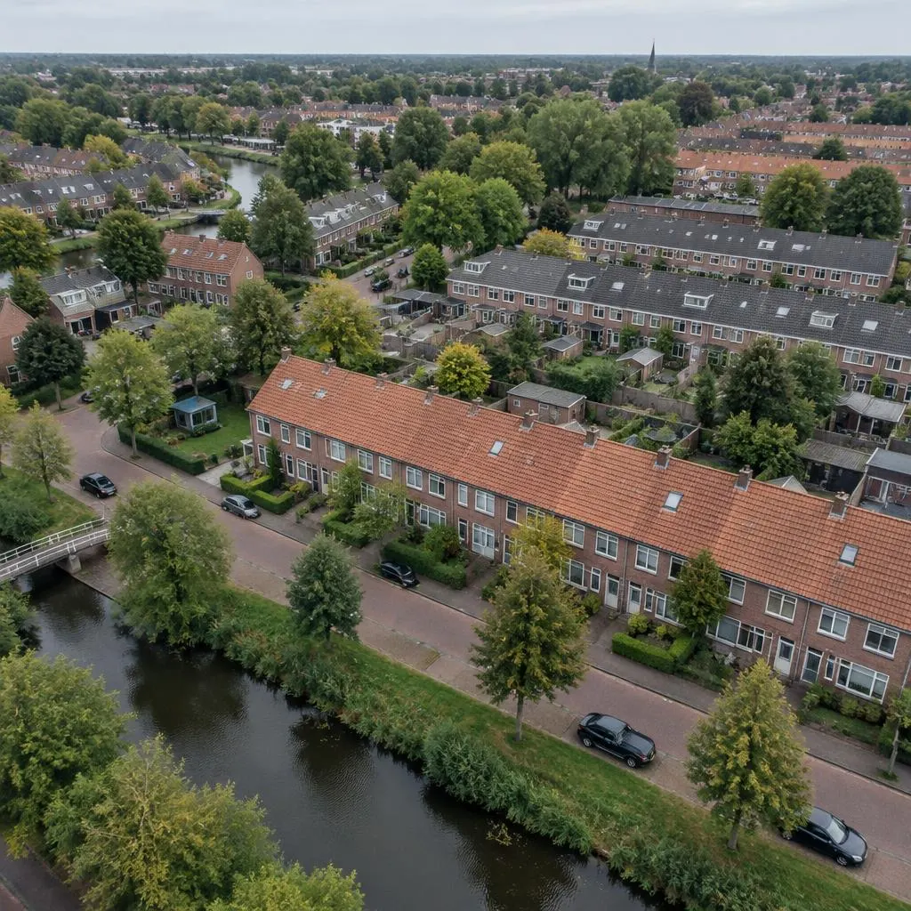 Nederlandse woonwijk met rijtjeshuizen en pannendaken van bovenaf