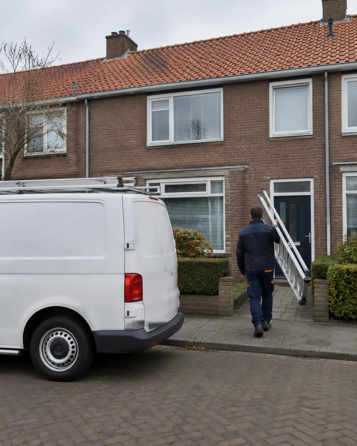 Vakman loopt met een ladder naar de voordeur, de witte bus staat voor de woning